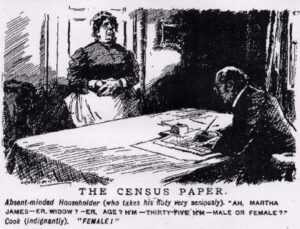 Etching illustration entitled The Census Paper. Gentleman sat at desk writing. Woman standing in front of the desk.